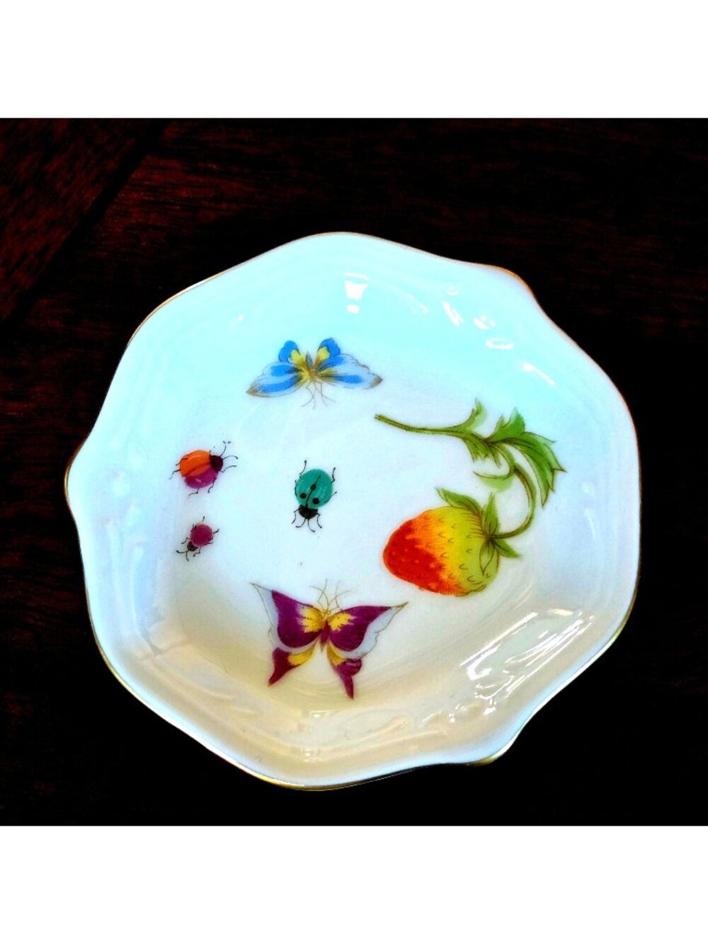 Ardalt Porcelain Trinket Dish Butter Pat or Tea Bag Tray Butterfly & Strawberry